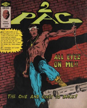 2Pac vintage comic book style poster featuring Tupac Shakur in retro comic illustration with speech bubbles and urban brick wall background