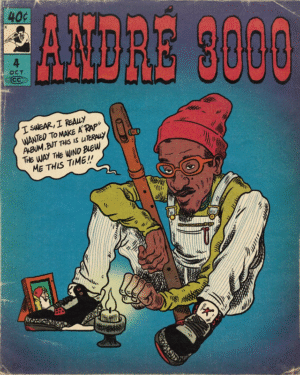 Andre 3000 vintage comic book style poster with retro design and classic comic book elements