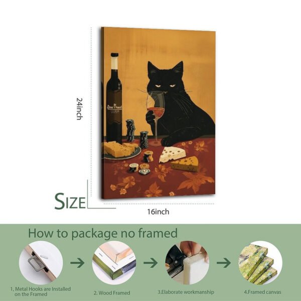 16x24 inch black cat sommelier framed canvas art with 4-step professional packaging process including metal hooks, wood framing, elaborate workmanship, and final framed presentation.