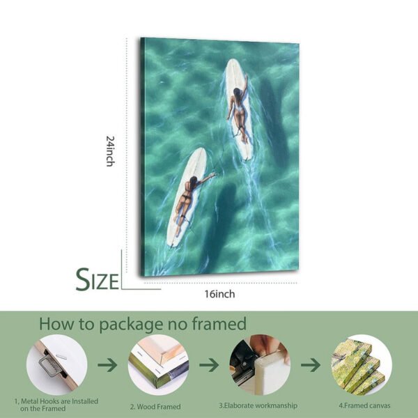 16x24 inch aerial surf canvas art showing two surfers with professional packaging process including metal hooks, wood frame, and elaborate workmanship details.