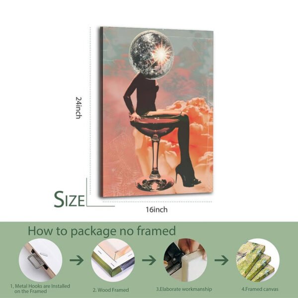16x24 inch unframed disco ball martini canvas print with step-by-step packaging process demonstration.