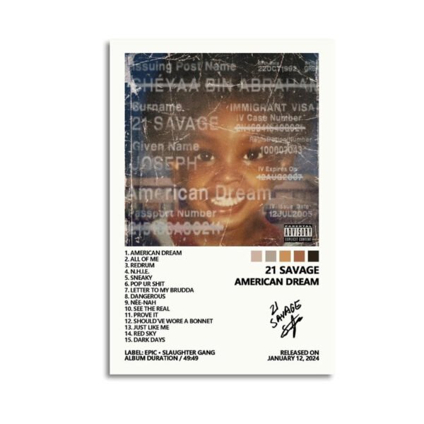 21 Savage American Dream album canvas print in white frame showing immigration document overlay artwork with complete 15-track listing and album details released January 12, 2024.
