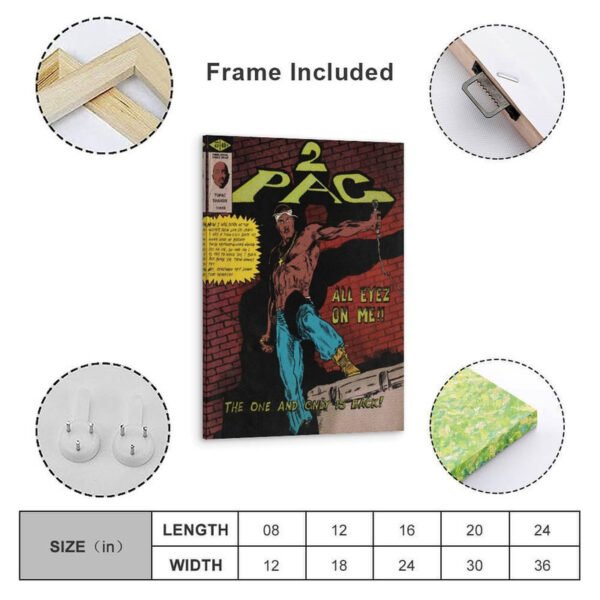 2Pac All Eyez On Me framed poster with size chart showing multiple dimensions and frame included details