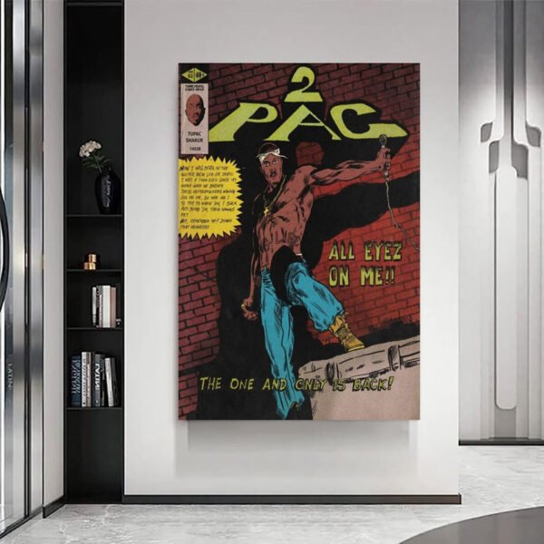 2Pac All Eyez On Me vintage comic poster displayed on modern white wall in contemporary home interior