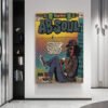 Ab-Soul vintage comic poster displayed as modern wall art in minimalist contemporary interior design setting with built-in shelving