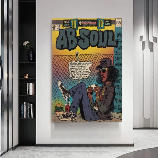 Ab-Soul vintage comic poster displayed as modern wall art in minimalist contemporary interior design setting with built-in shelving