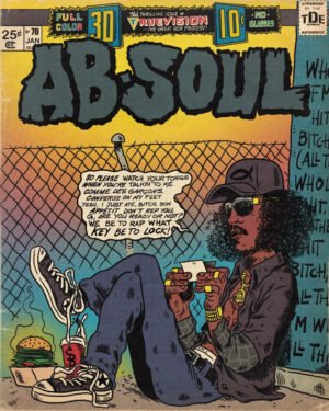 Ab-Soul vintage comic book poster featuring retro comic styling with TDE branding and authentic hip-hop lyrics