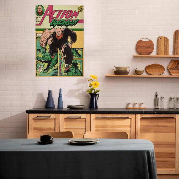 Action Bronson vintage comic book poster displayed as wall art in modern Scandinavian kitchen with wood cabinetry and natural decor
