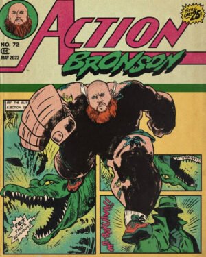 Action Bronson vintage comic book style poster featuring superhero theme with dinosaur action scenes in retro comic aesthetic