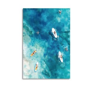 Aerial view canvas print of turquoise ocean waters with sailboats, kayaks and swimmers in tropical paradise setting