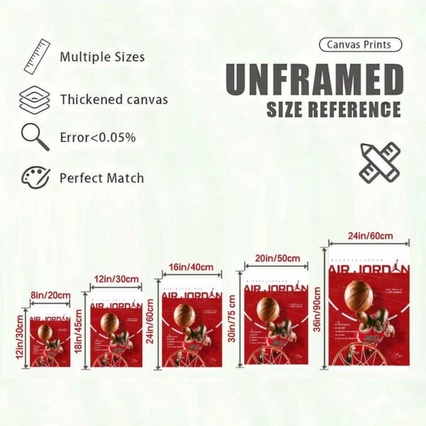 Air Jordan canvas print size reference guide showing 5 different dimensions from 8in to 24in with quality specifications