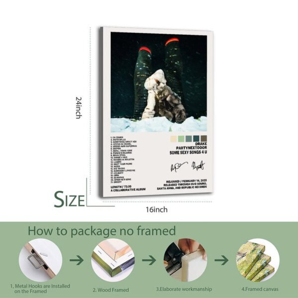 16*24 inch Drake PARTYNEXTDOOR canvas print with professional framing and packaging process demonstration