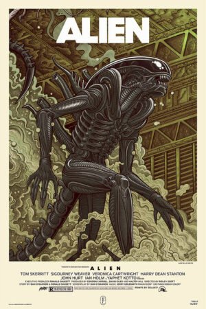 Vintage Alien movie poster featuring detailed Xenomorph illustration with classic 1979 film credits and retro typography design