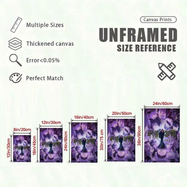 Canvas print size reference chart showing Jujutsu Kaisen artwork in multiple dimensions from 8x12 to 24x36 inches with quality specifications.