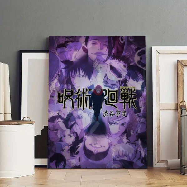 Large Jujutsu Kaisen Shibuya Incident poster displayed in artist studio workspace surrounded by blank canvases and easels.