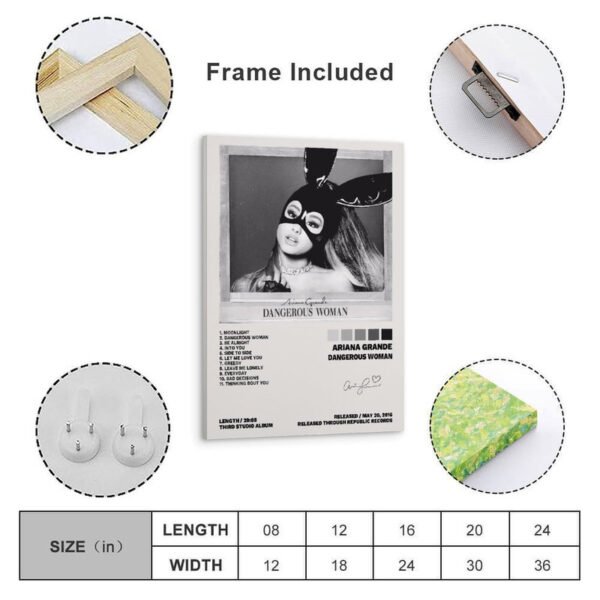 Framed Ariana Grande Dangerous Woman poster with size chart and frame details included