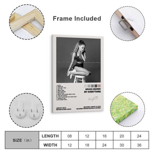 Ariana Grande My Everything framed poster with wooden frame, hanging hardware included, available in multiple sizes from 8x12 to 24x36 inches with protective packaging
