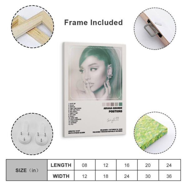 Ariana Grande Positions framed poster with size chart and frame details