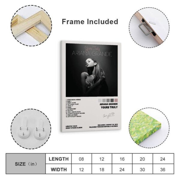 Ariana Grande Yours Truly framed poster with size chart and frame construction details