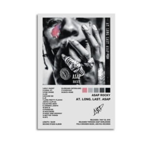 Framed A$AP Rocky AT. LONG. LAST. A$AP album artwork canvas print featuring black and white portrait with pink accent, complete track listing, and white frame for wall display.