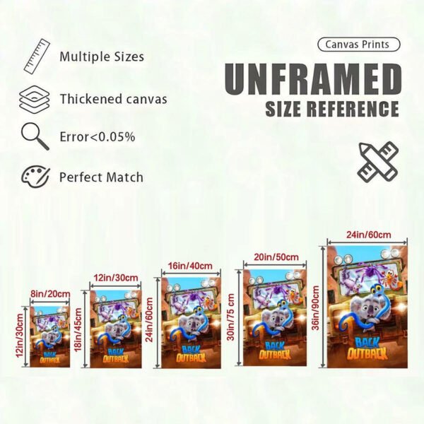 Back to the Outback canvas print size reference guide showing 5 different unframed dimensions from 8in to 24in with quality specifications for thickened canvas wall art.