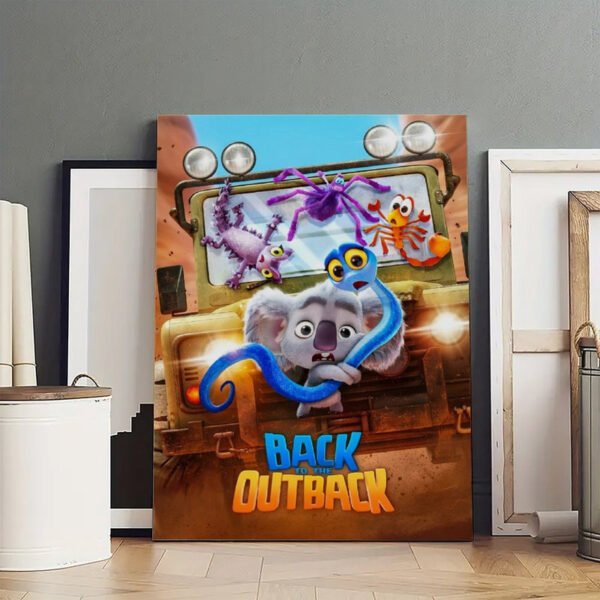 Back to the Outback movie poster displayed in art collection gallery wall showing Australian animal characters, perfect for movie memorabilia collectors and animation art enthusiasts.