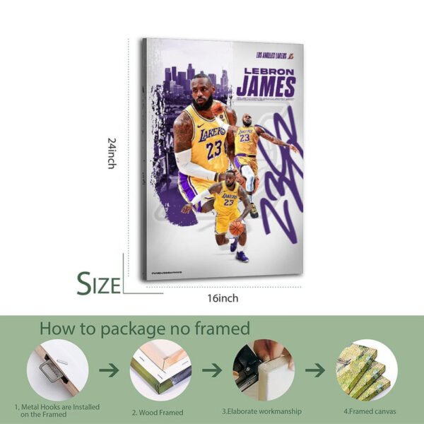 LeBron James Lakers canvas print 16x24 inches showing multiple action poses with Los Angeles skyline and professional packaging process