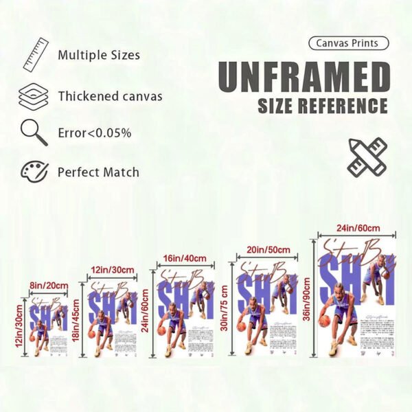 SGA Thunder canvas print size reference guide showing 5 dimensions with quality specifications