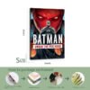 Batman Under the Red Hood canvas print size guide and 4-step packaging process showing metal hooks installation, wood framing, workmanship, and final framed canvas.