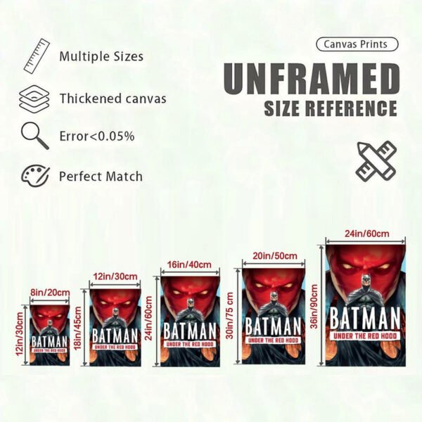 Batman Under the Red Hood canvas print size reference chart showing five different dimensions from 8in to 24in with quality specifications and measurements.