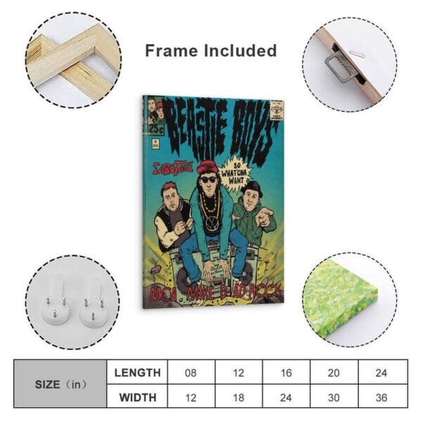 Beastie Boys Sabotage framed poster with size chart showing multiple dimensions from 8x12 to 24x36 inches, frame included
