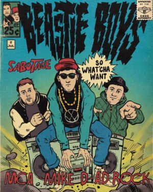Vintage comic book style Beastie Boys poster featuring retro 90s hip-hop artwork with authentic comic design elements