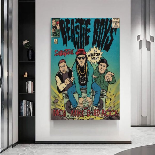 Beastie Boys vintage comic book poster displayed as wall art in modern minimalist living room with built-in shelving and contemporary decor.