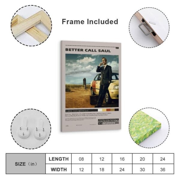 Better Call Saul framed poster with included frame, hanging hardware, and size options from 8x12 to 24x36 inches, ready to hang wall art