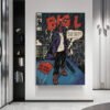 Framed Big L comic book style poster displayed in modern minimalist interior with built-in shelving and contemporary design elements.