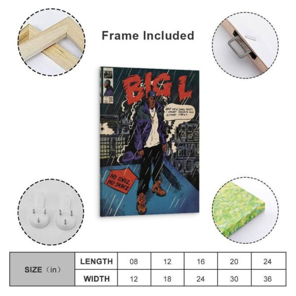 Big L comic book poster with frame included, showing product specifications and multiple size options from 8x12 to 24x36 inches with hanging hardware.