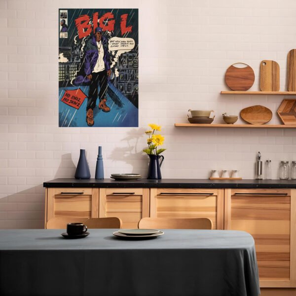 Big L comic book poster displayed in modern Scandinavian-style kitchen with natural wood cabinets and contemporary decor elements.