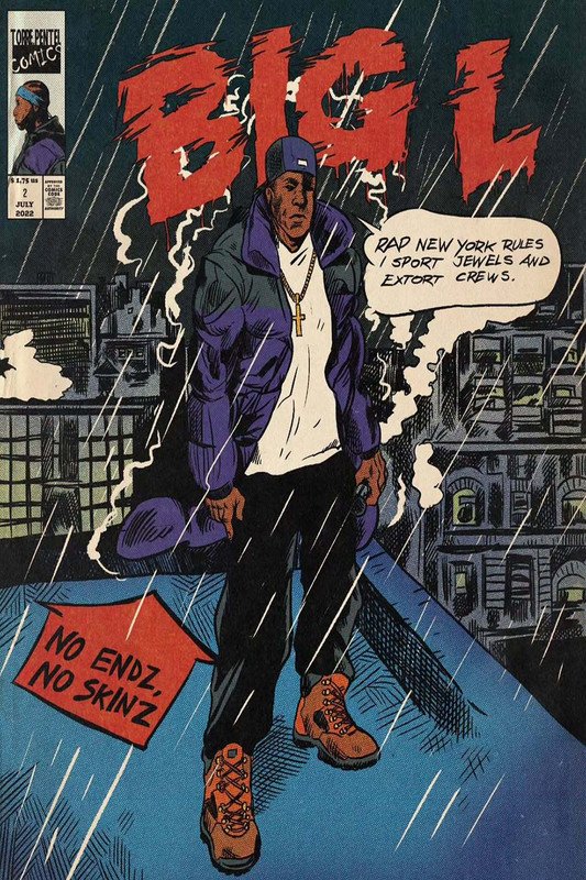 Big L vintage hip-hop poster featuring street culture aesthetics with urban rain scene and authentic 90s rap styling.