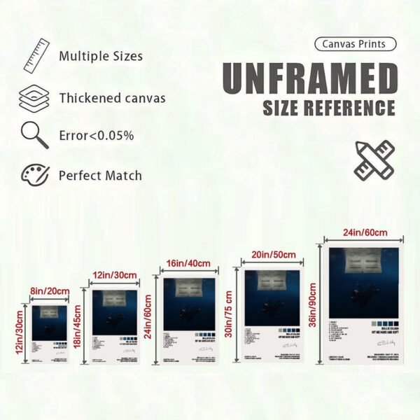 Canvas print size reference guide showing six different dimensions for Billie Eilish HIT ME HARD AND SOFT album artwork unframed options