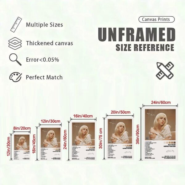 Billie Eilish HAPPIER THAN EVER canvas print size reference chart showing 5 different dimensions from 8in to 24in with quality specifications