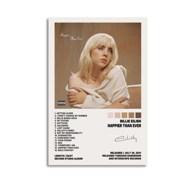 Billie Eilish HAPPIER THAN EVER album cover poster featuring complete track listing of 16 songs and artist in cream sweater against brown background