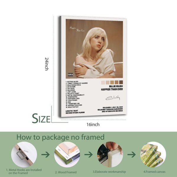 Billie Eilish HAPPIER THAN EVER poster with complete track listing and professional framing packaging instructions showing metal hooks and wood frame options