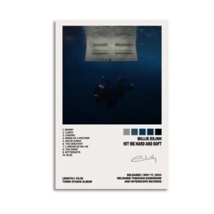 Billie Eilish HIT ME HARD AND SOFT album poster featuring underwater artwork and complete track listing