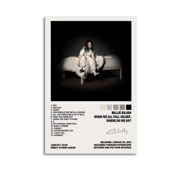 Billie Eilish WHEN WE ALL FALL ASLEEP WHERE DO WE GO minimalist album poster with complete track listing and release information