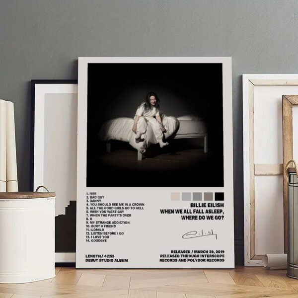 Billie Eilish WHEN WE ALL FALL ASLEEP WHERE DO WE GO framed album art print with complete track listing displayed in modern interior setting