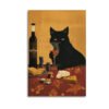 Elegant black cat sommelier wall art featuring a sophisticated feline holding wine glass with cheese, poker chips, and wine bottles in vintage style illustration.