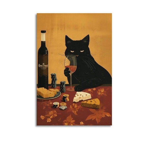 Elegant black cat sommelier wall art featuring a sophisticated feline holding wine glass with cheese, poker chips, and wine bottles in vintage style illustration.