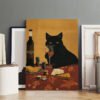 Black cat sommelier canvas art displayed in modern home interior, featuring elegant feline with wine glass, Zone & Fanal wine bottle, poker chips, cheese, and autumn leaves.