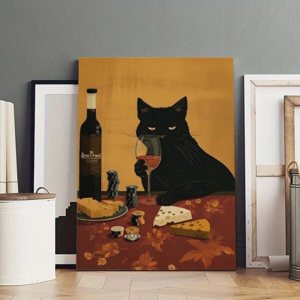 Black cat sommelier canvas art displayed in modern home interior, featuring elegant feline with wine glass, Zone & Fanal wine bottle, poker chips, cheese, and autumn leaves.