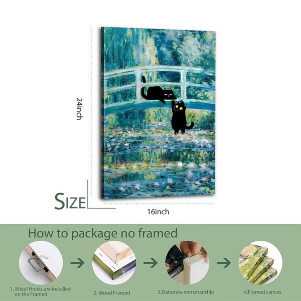 16x24 inch black cats impressionist canvas print with packaging process showing wood frame and metal hooks installation.
